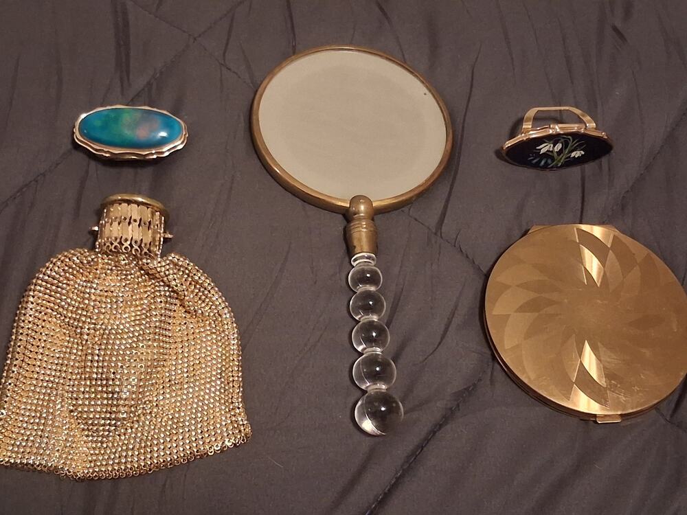 Vintage Vanity Set Lot with Hand Carved Wood Turtle Box 9pc Collection